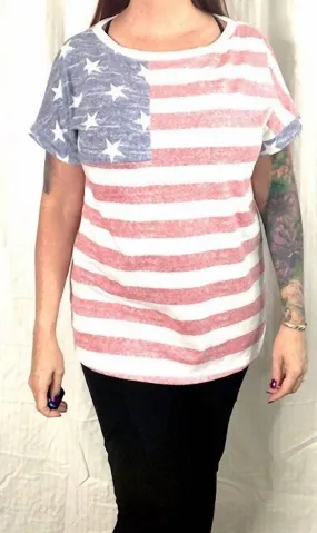 4TH OF JULY AMERICAN FLAG PRINT MIXED ROUND NECK SHORT SLEEVE TOP - MADE IN U.S.A.