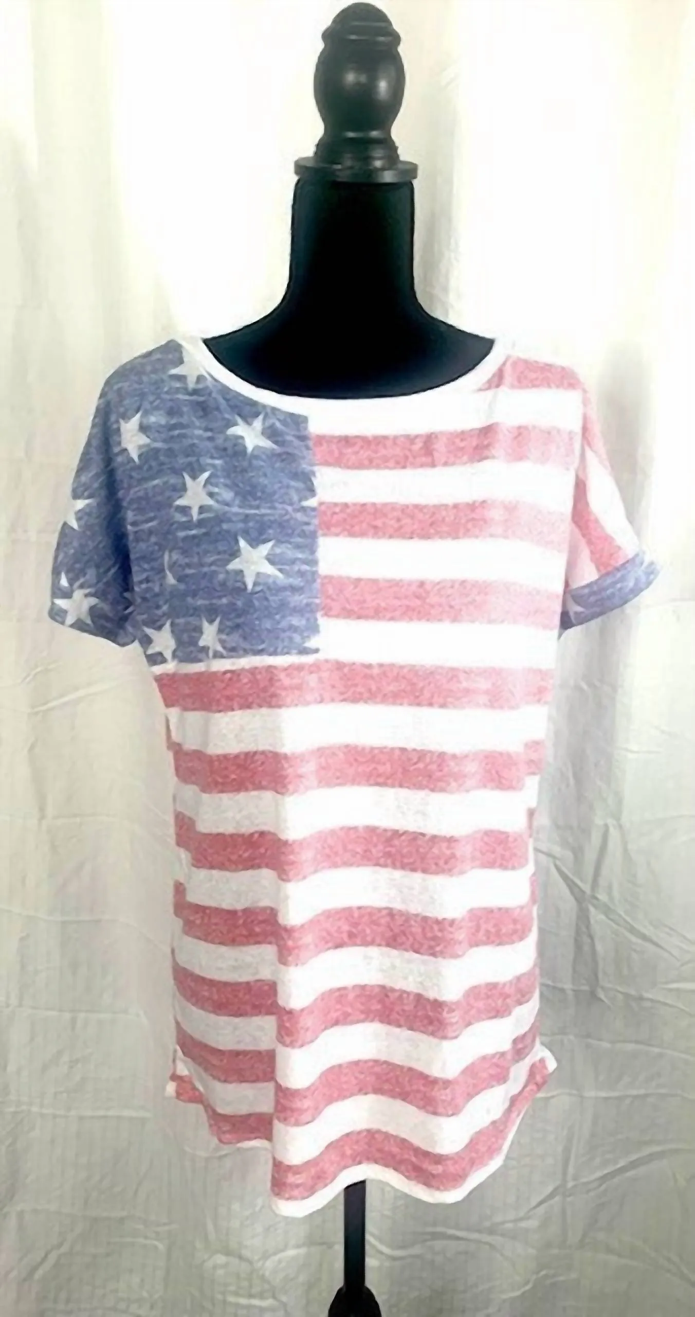 4TH OF JULY AMERICAN FLAG PRINT MIXED ROUND NECK SHORT SLEEVE TOP - MADE IN U.S.A.
