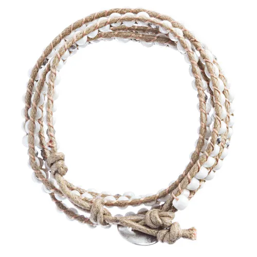 Beaded Brown String Cord with Button Knot Closure Wrap Bracelet White
