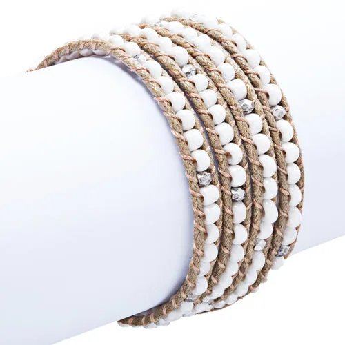 Beaded Brown String Cord with Button Knot Closure Wrap Bracelet White