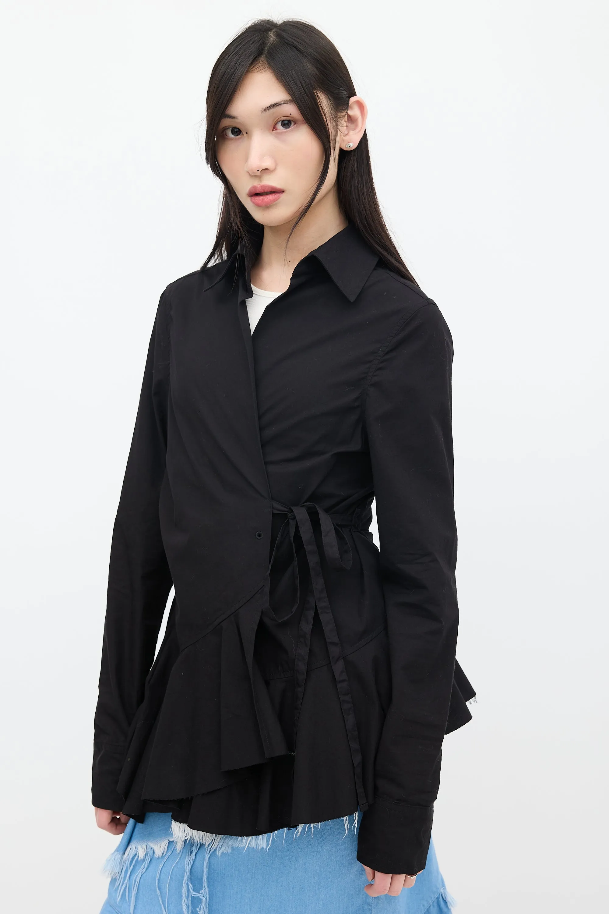 Black Ruffled Wrap Shirt