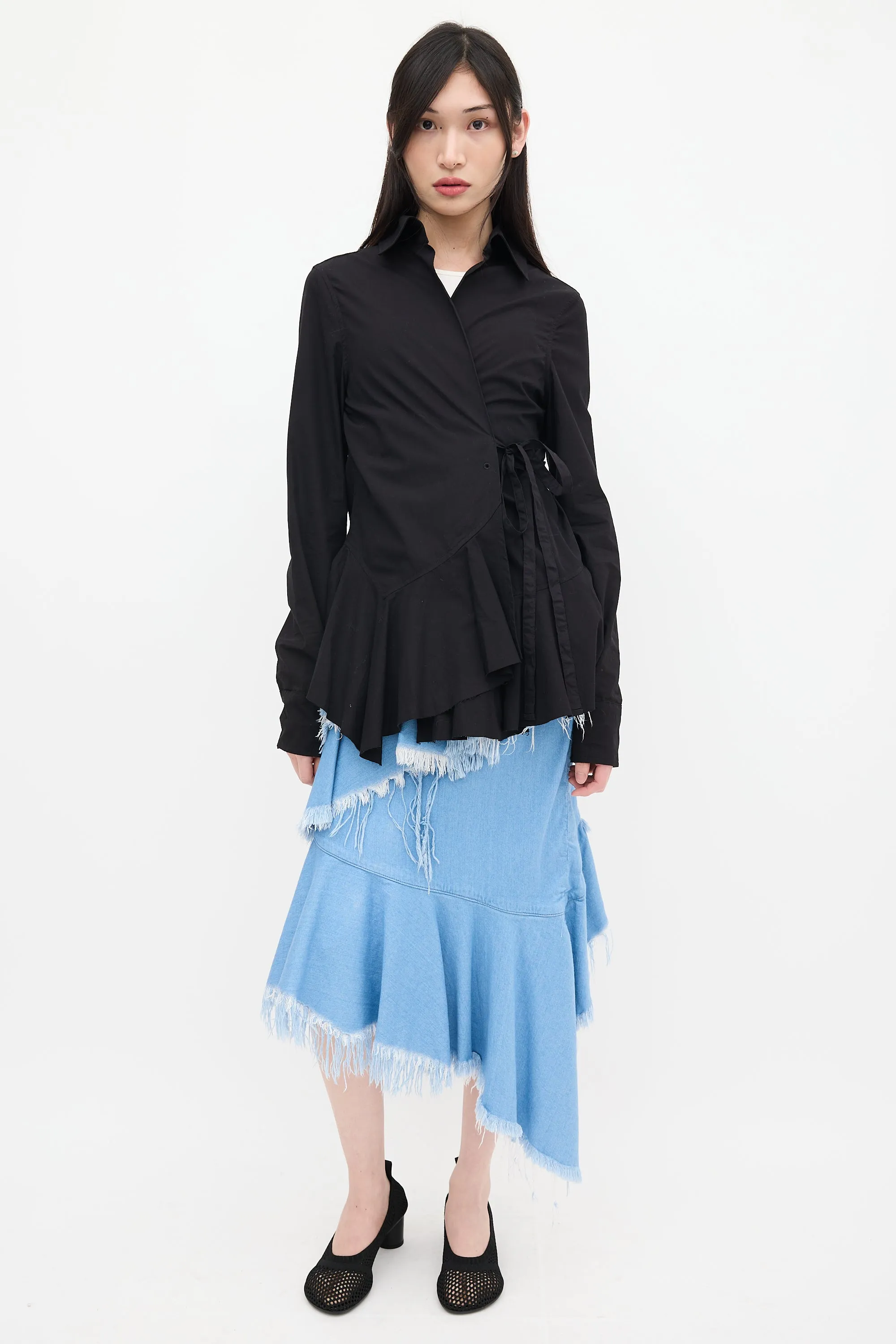 Black Ruffled Wrap Shirt