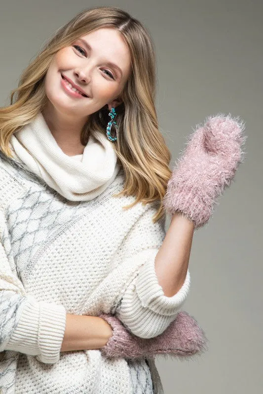 blush fuzzy mittens