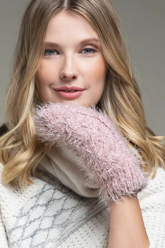 blush fuzzy mittens