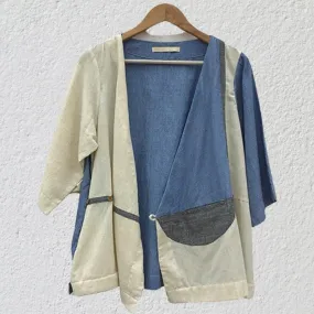 Contemporary Patchwork Wrap Top | Casual | Comfy | Hand-Crafted | Blue & Grey