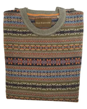 Crew Neck Sweater in Grey Fair Isles Pattern Cotton Blend