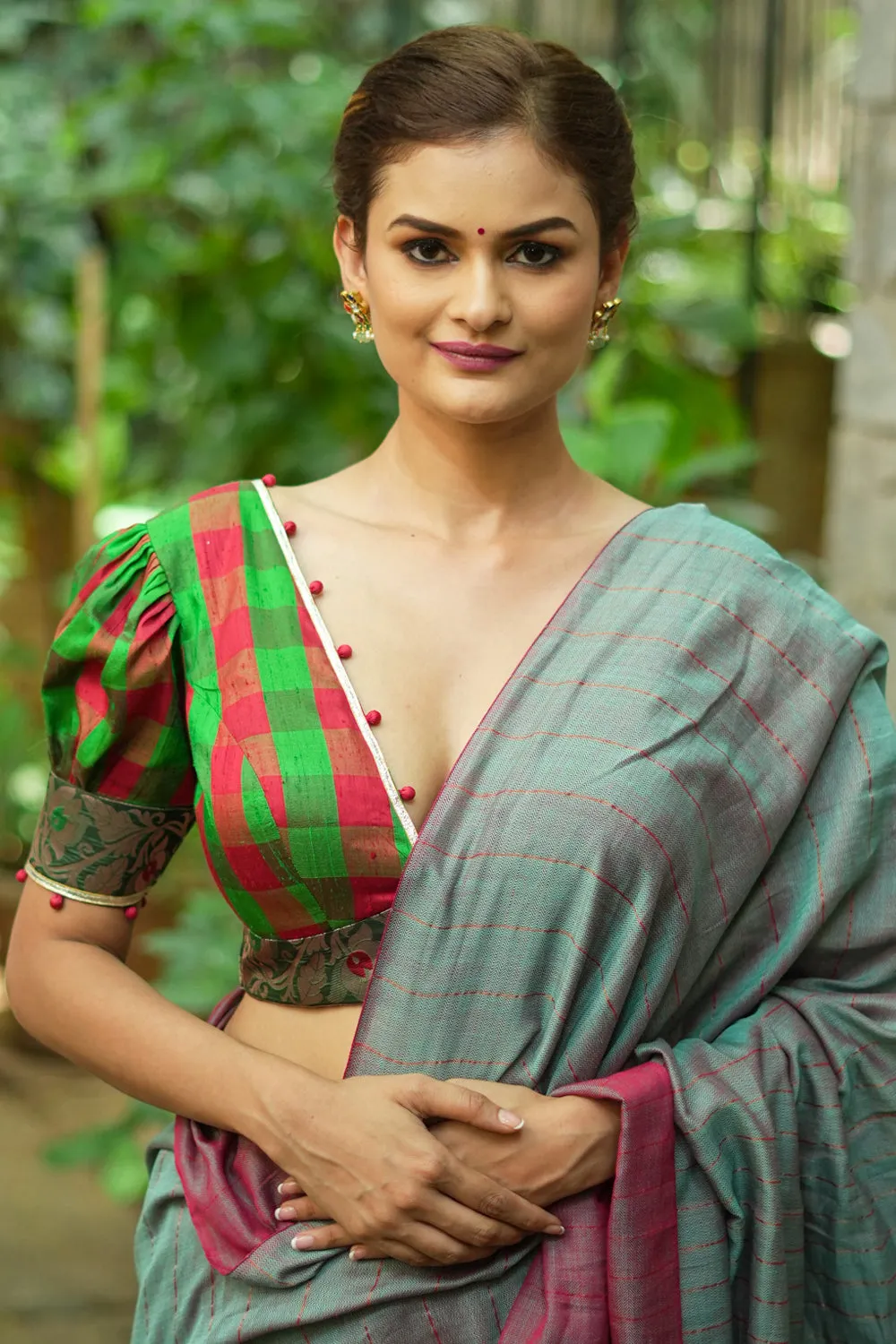 Green red checked pure rawsilk Deep v neck blouse & brocade border