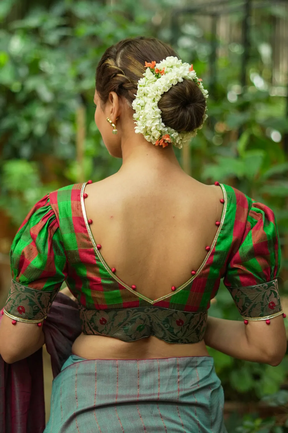 Green red checked pure rawsilk Deep v neck blouse & brocade border