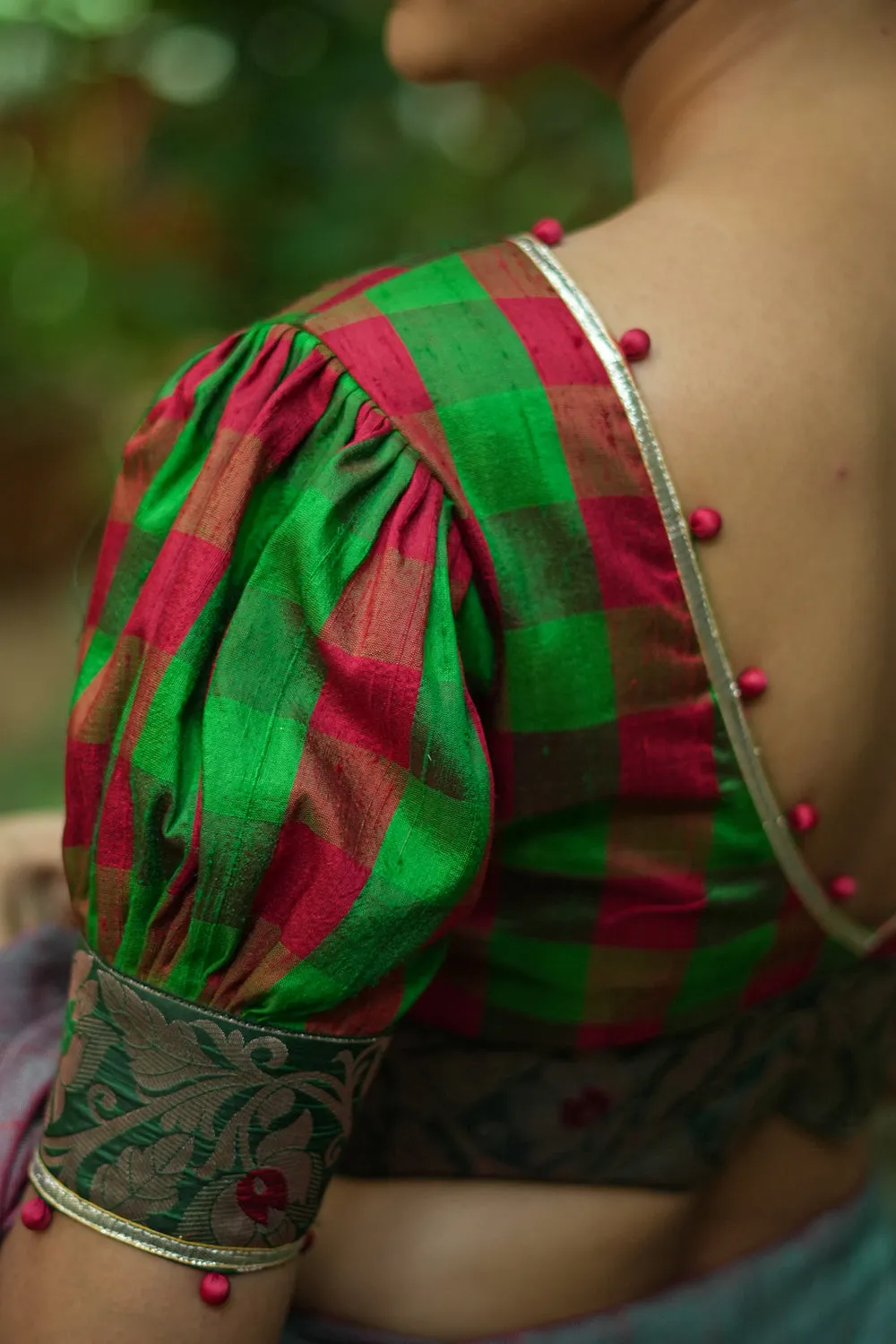Green red checked pure rawsilk Deep v neck blouse & brocade border