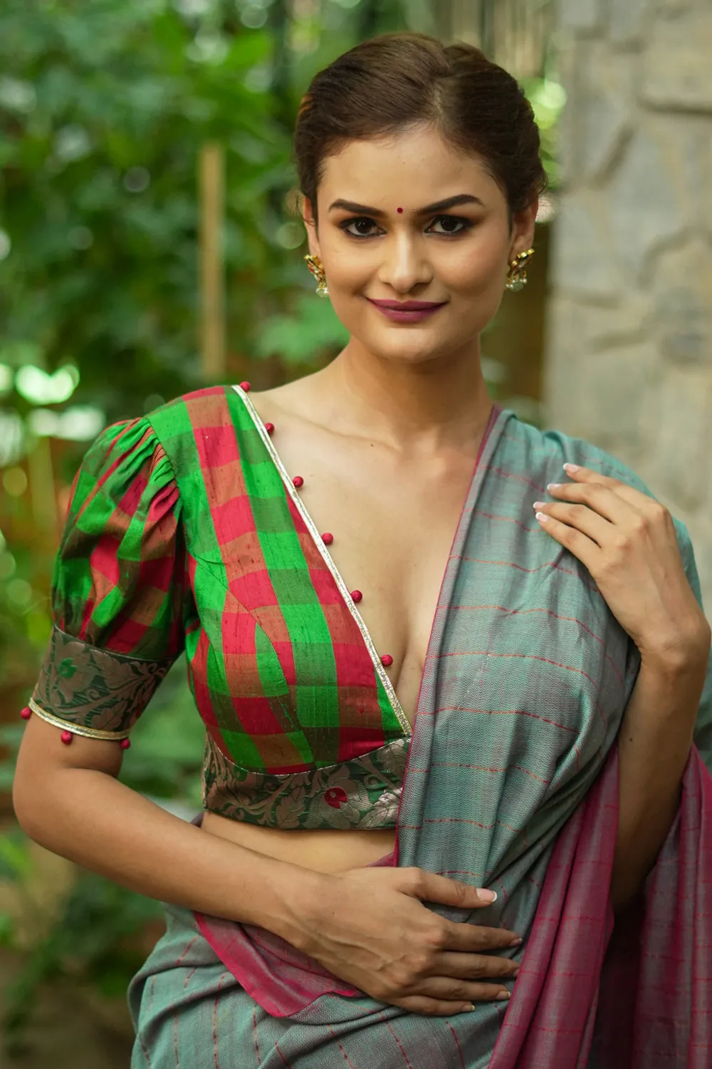 Green red checked pure rawsilk Deep v neck blouse & brocade border