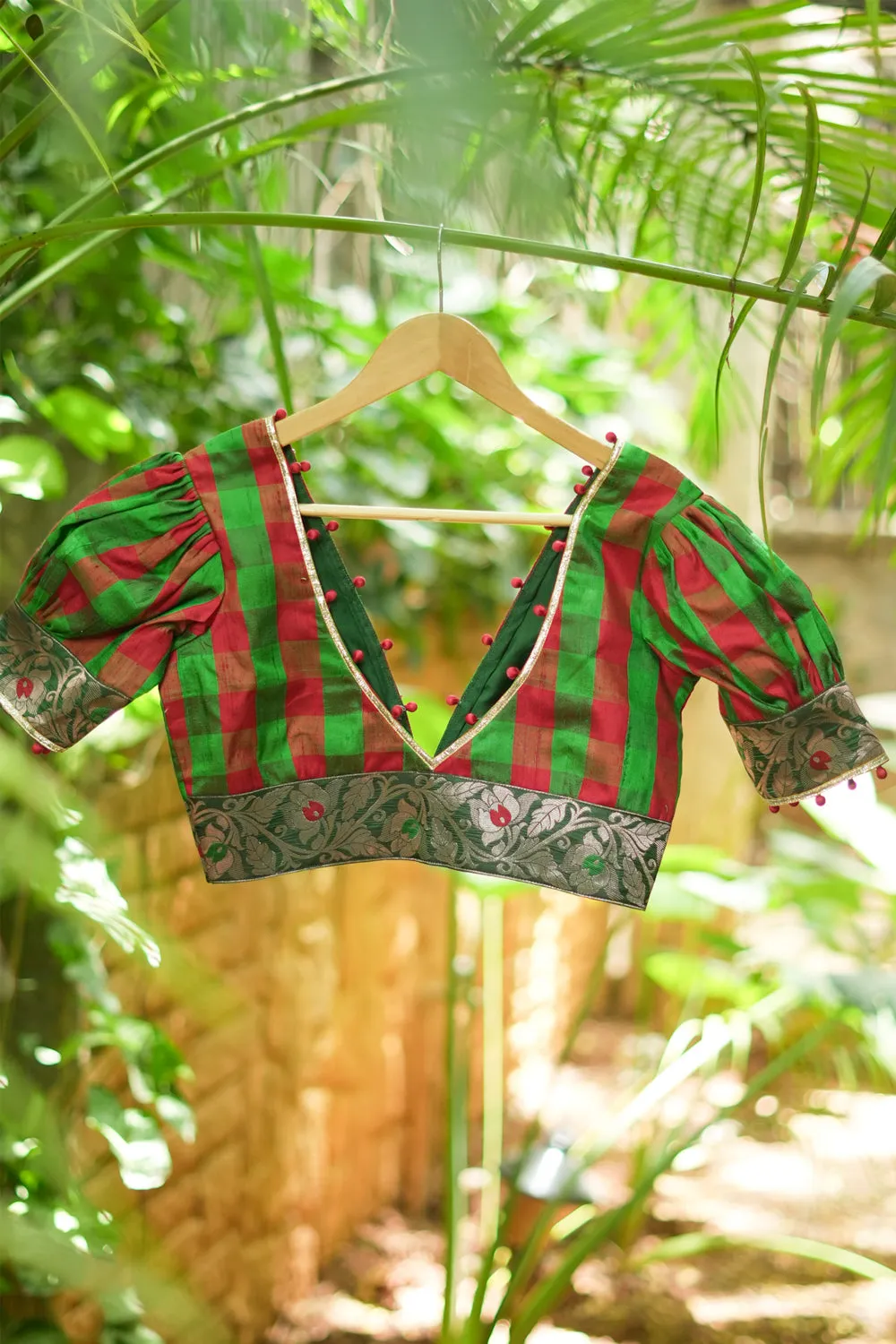 Green red checked pure rawsilk Deep v neck blouse & brocade border