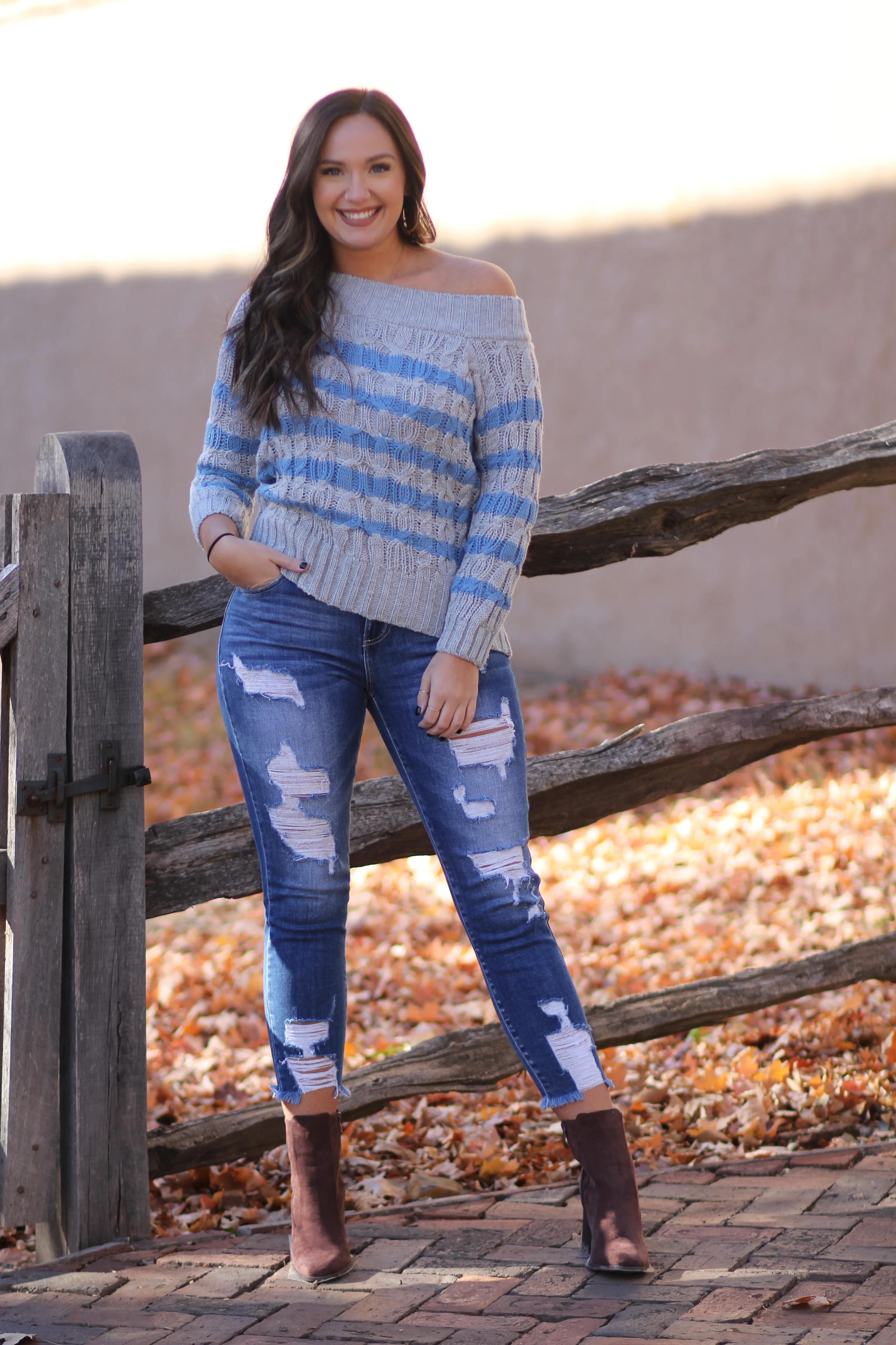 Heather Grey & Blue Stripe Cable Knit Sweater