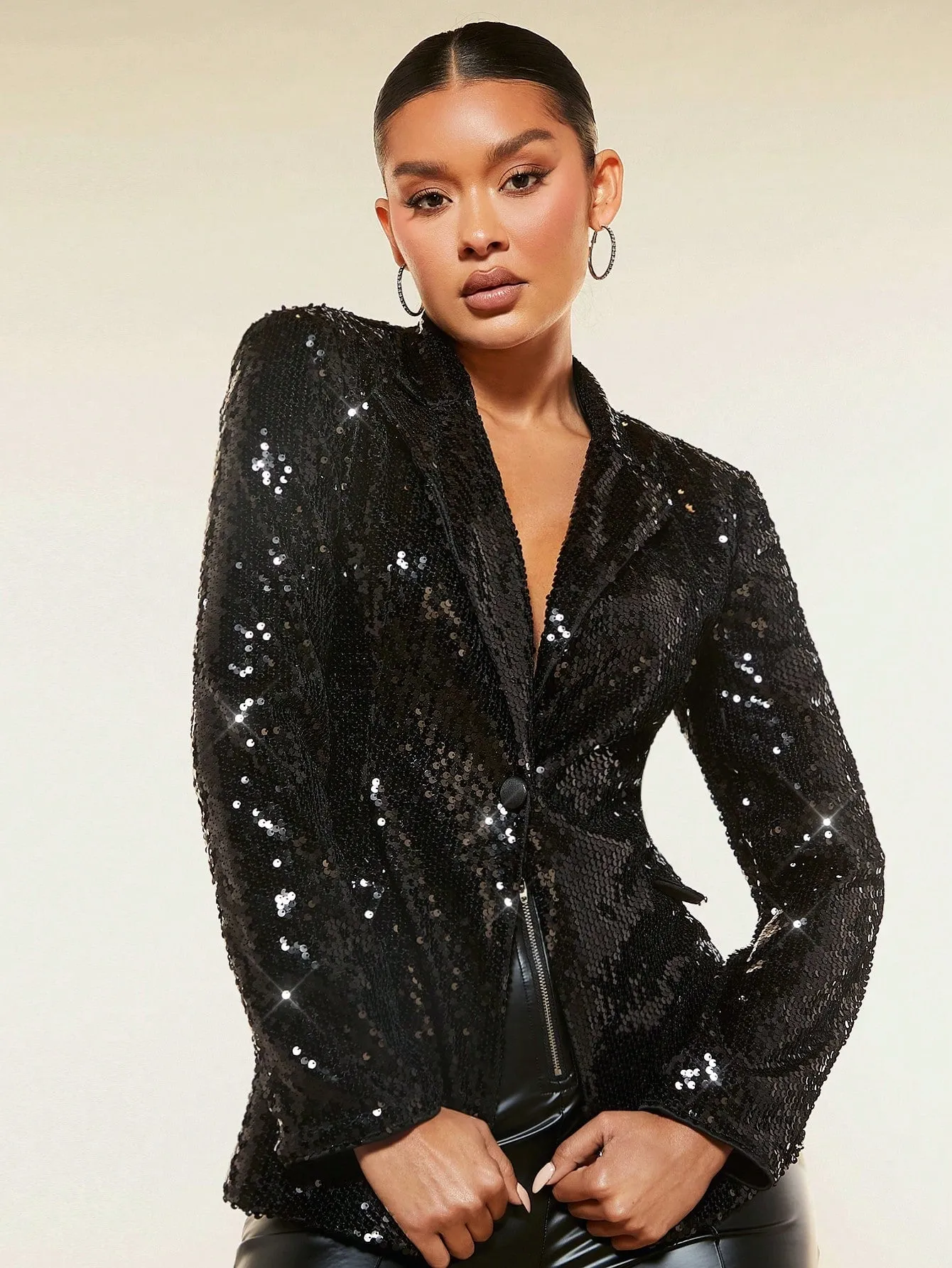 Lapel Neck Lace Up Backless Sequin Blazer