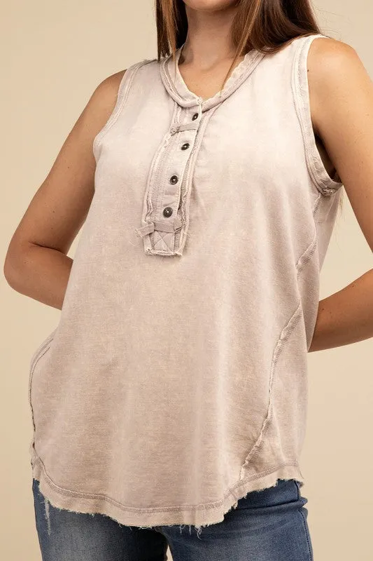Washed Half-Button Raw Edge Sleeveless Henley Top • More Colors