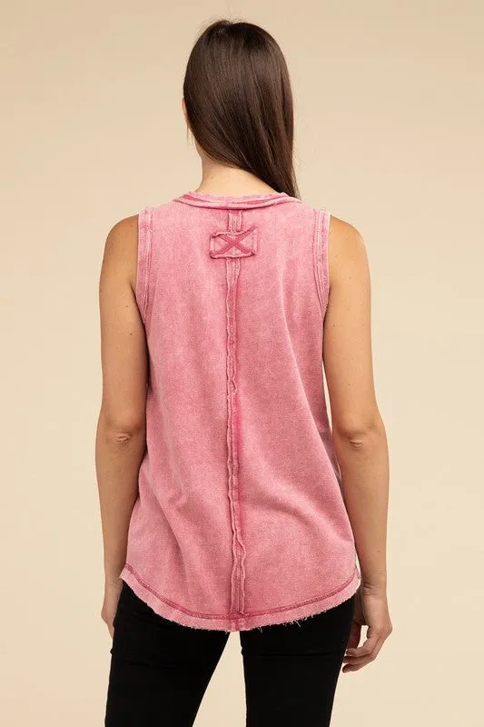 Washed Half-Button Raw Edge Sleeveless Henley Top • More Colors