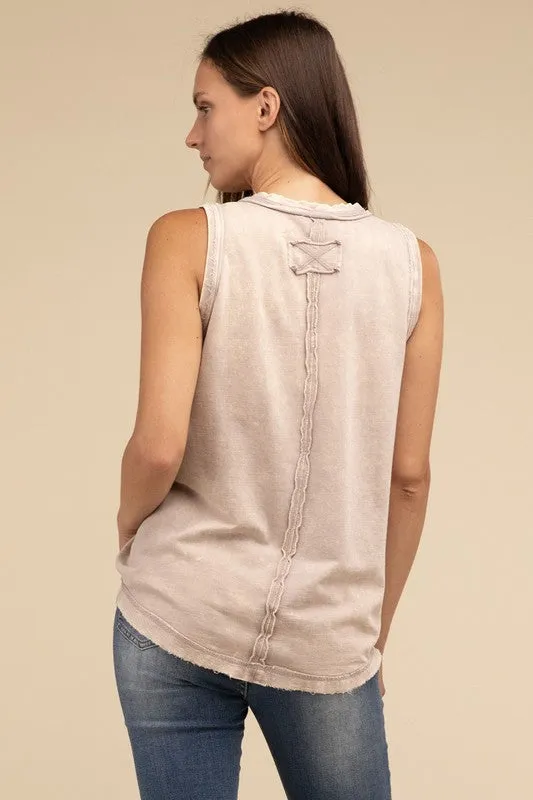 Washed Half-Button Raw Edge Sleeveless Henley Top • More Colors
