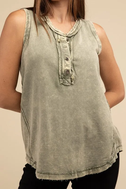 Washed Half-Button Raw Edge Sleeveless Henley Top • More Colors
