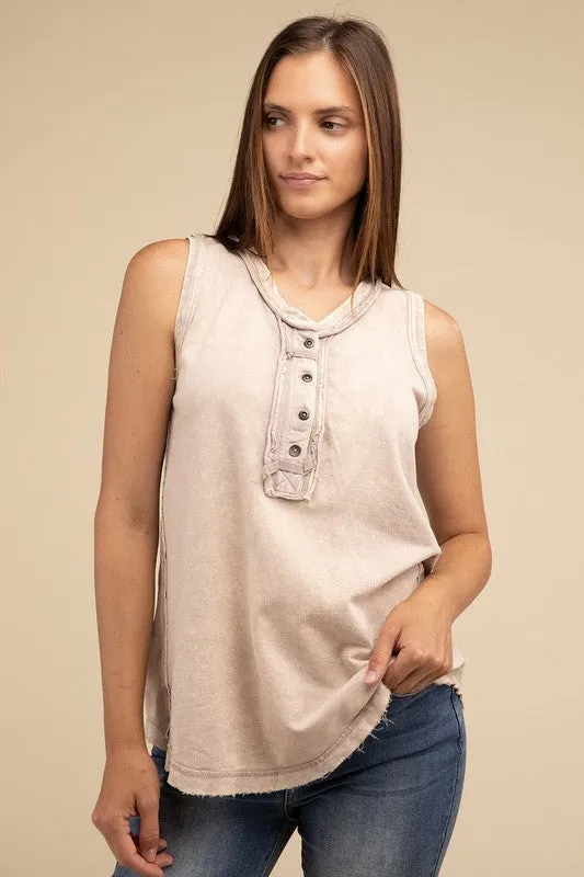 Washed Half-Button Raw Edge Sleeveless Henley Top • More Colors