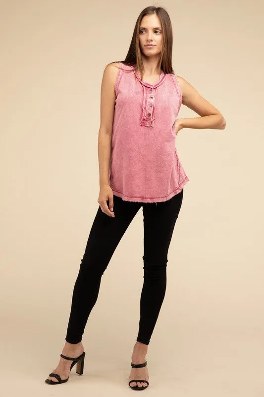 Washed Half-Button Raw Edge Sleeveless Henley Top • More Colors