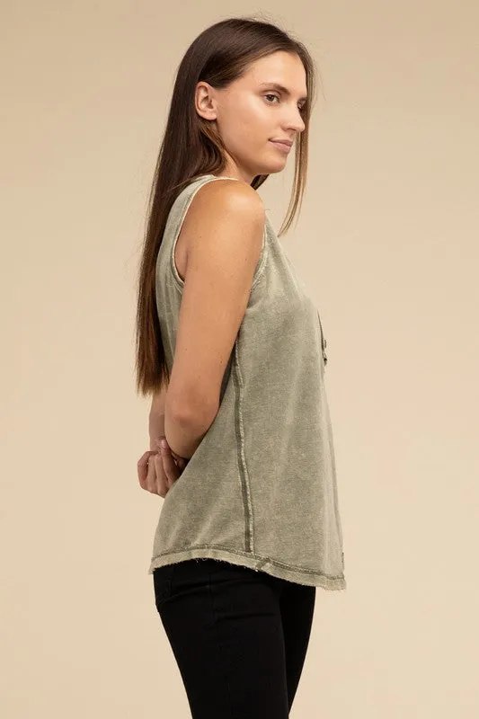 Washed Half-Button Raw Edge Sleeveless Henley Top • More Colors