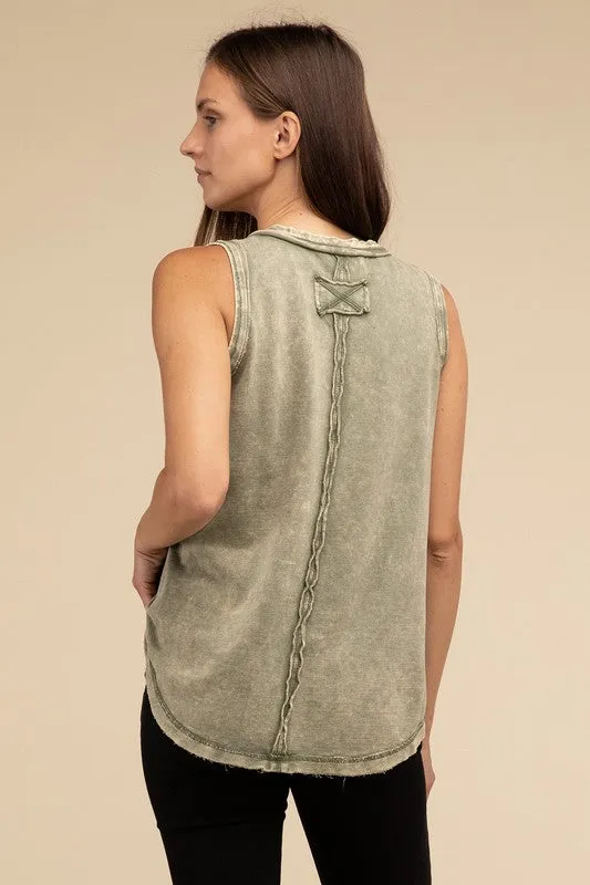 Washed Half-Button Raw Edge Sleeveless Henley Top • More Colors