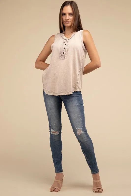 Washed Half-Button Raw Edge Sleeveless Henley Top • More Colors