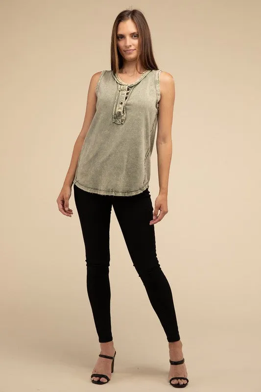 Washed Half-Button Raw Edge Sleeveless Henley Top • More Colors