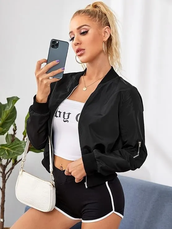 Womens Black Bomber Jacket with Sleeve Zipper