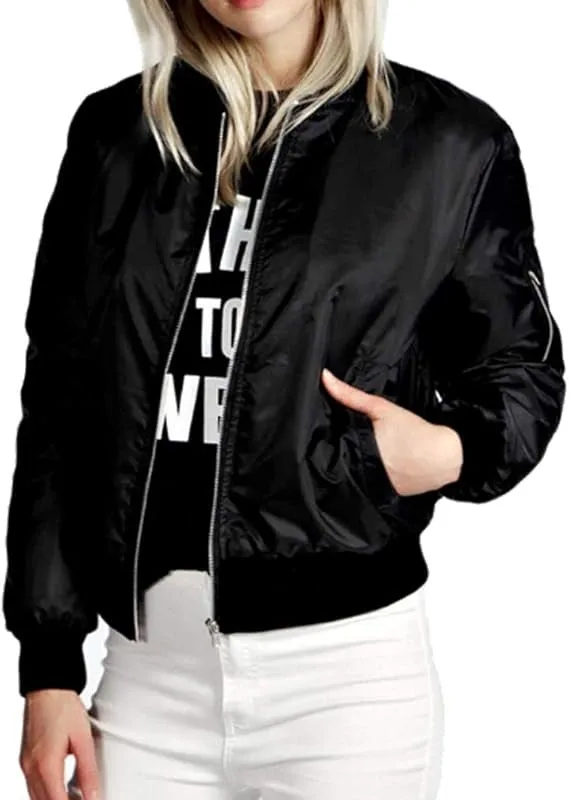 Womens Black Bomber Jacket with Sleeve Zipper